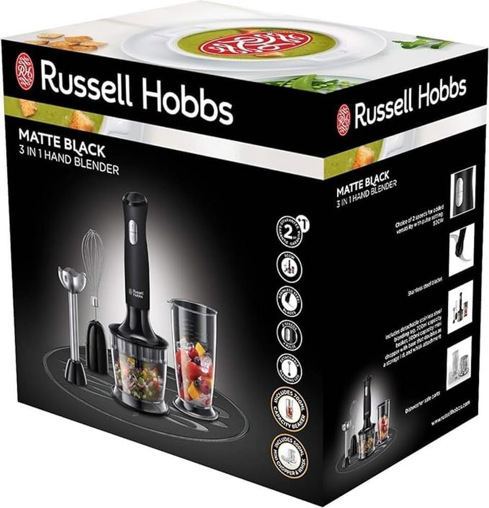 Russell Hobbs Stabmixer [3-in-1: Pürierstab/Zerkleinerer, Mixer- & Schneebesenaufsatz] Matt Schwarz