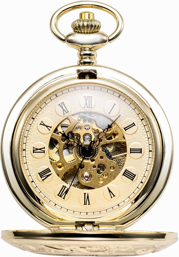 TREEWETO Unisex Taschenuhr mit Kette Analog Handaufzug Doppelscharnier Römische Ziffern Gold/Silber