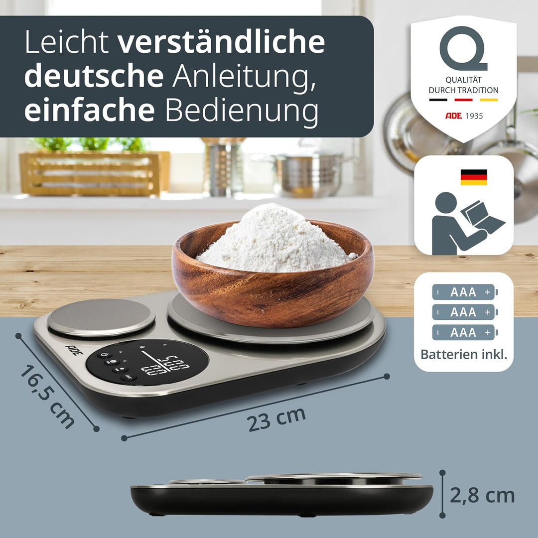 ADE Küchenwaage digital mit 2 Plattformen 5kg/1g & 500g/0,1g | duale Präzisionswaage auf 0,1g genau