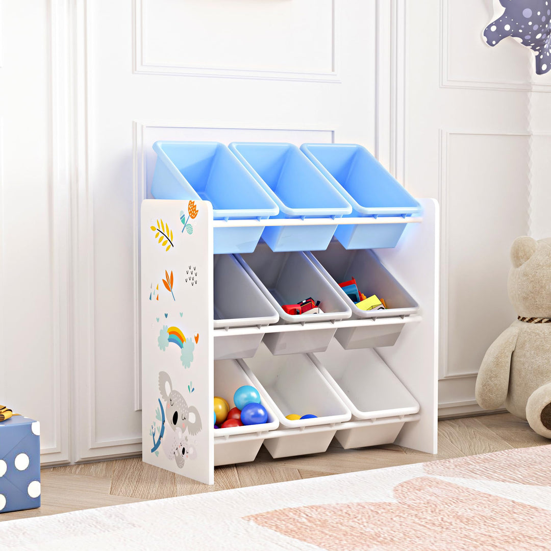 [en.casa] Kinderregal Muxía mit 9 Aufbewahrungsboxen Spielzeugregal mit Koala-Motiv Spielregal Weiss