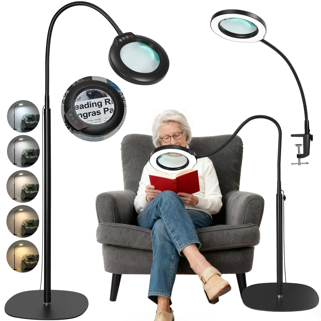 Veemagni 10X Echte Glaslinsen Lupe mit Licht und Ständer, 24" Flexible Schwanenhals-Lupe Stehlampe,