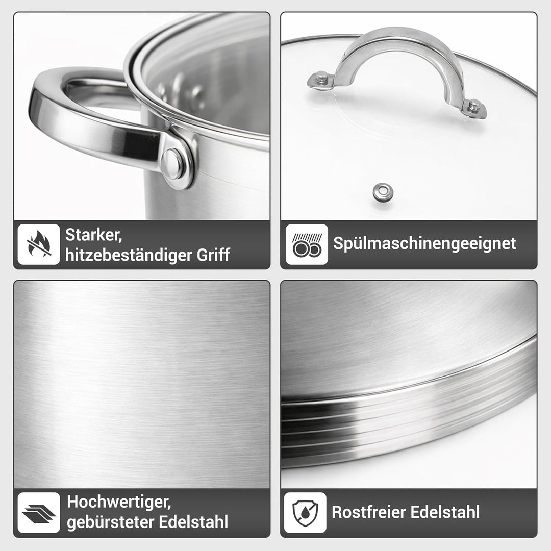 Edelstahl Topfset 8-teilig mit Glasdeckeln – Induktion geeignet – Kochtopf Set für alle Herdarten –