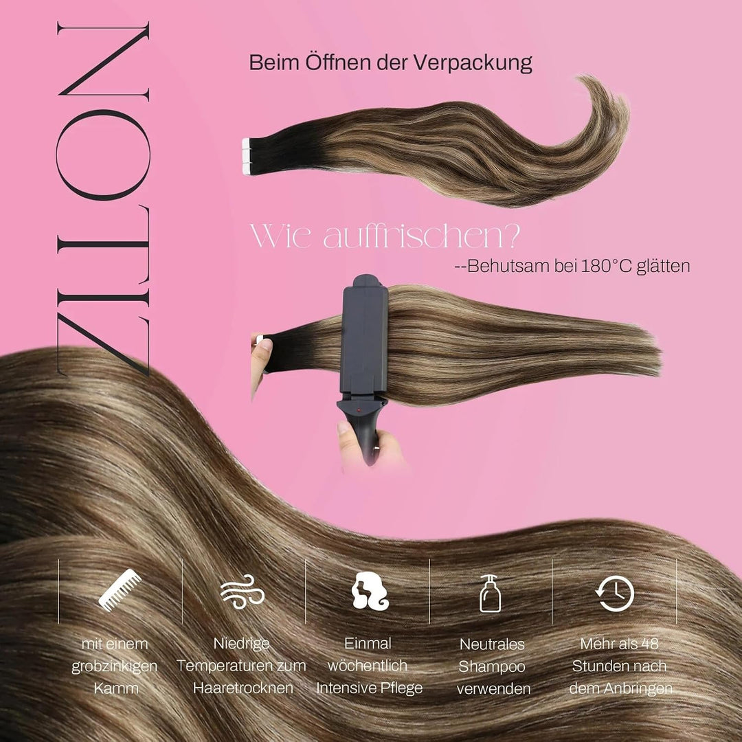 Moresoo Unsichtbare Tape Extensions Echthaar Dunkelbraune Hair Extensions Tape in 45 cm Schwarz bis