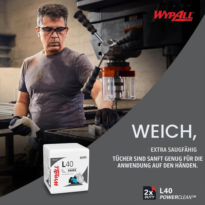 WypAll L40 Extrasaugfähige Tücher 7471 – Einmaltücher – 18 Packungen mit je 56 viertelgefalteten wei