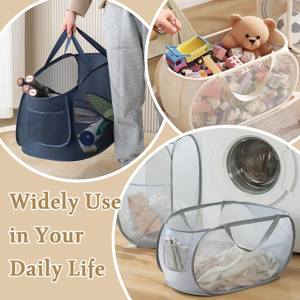 4Pcs Mesh Falten Wäschekörbe, 75L grosse Pop-up Wäsche Hamper Bins zusammenklappbar mit Griffen und