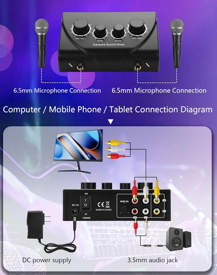 CERRXIAN Karaoke-Soundmixer, zwei Mikrofonanschlüsse mit Echo-Regler, kompatibel mit Fernseher, Comp