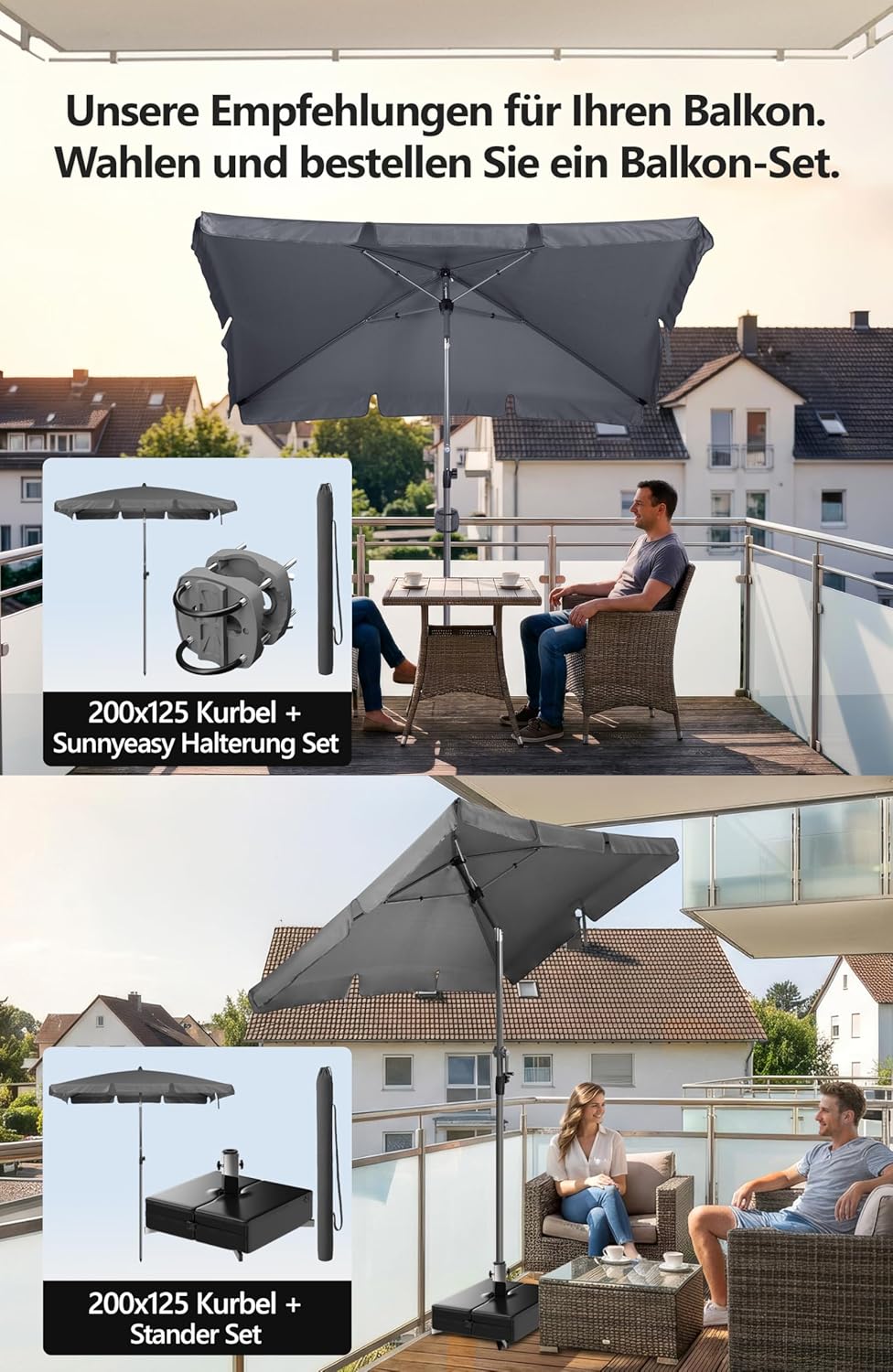 Menz SunnyShade Balkonschirm Roma mit Schutzhülle, Anthrazit, Sonnenschirm Balkon 200x125 cm, Sonnen