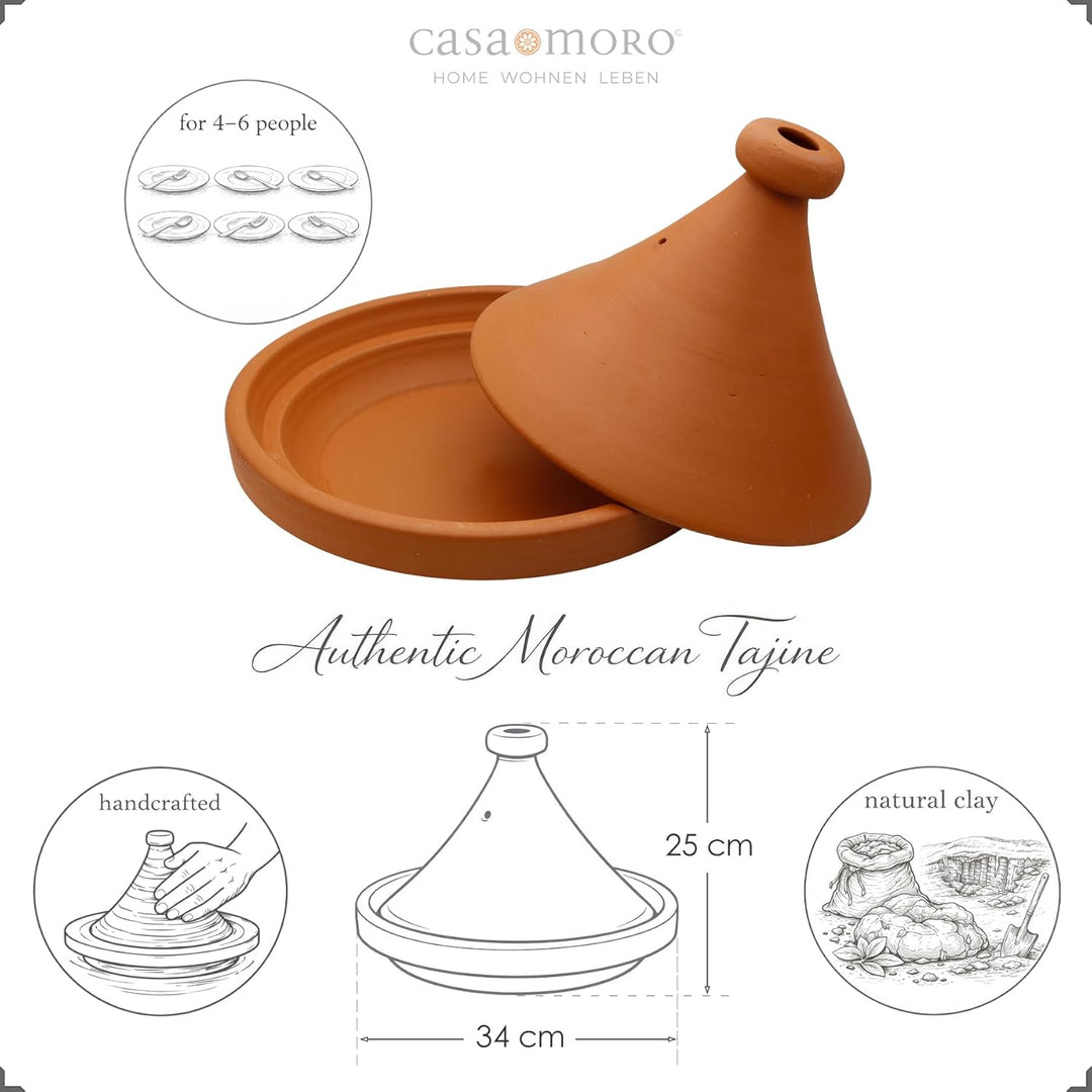 Tajine Schmortopf aus Ton – Ø 34 cm Marokkanisch Kochen für 4-6 Personen – Tagine unglasierter Garto