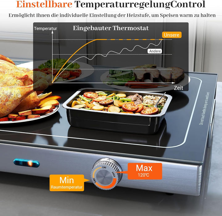 COSTWAY Warmhalteplatte elektrisch, Speisewärmer mit Gehärteter Glasoberfläche und Thermostat bis 12