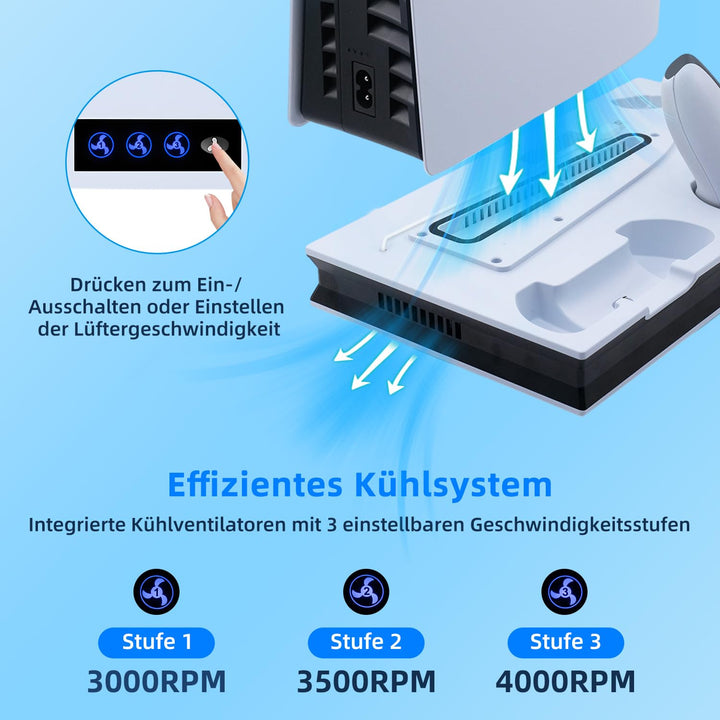 Mcbazel PS5 Pro/ PS5/ PS5 Slim Ladestation Ständer mit 3 Stufig Lüfter und Licht, PS5 Ständer Contro