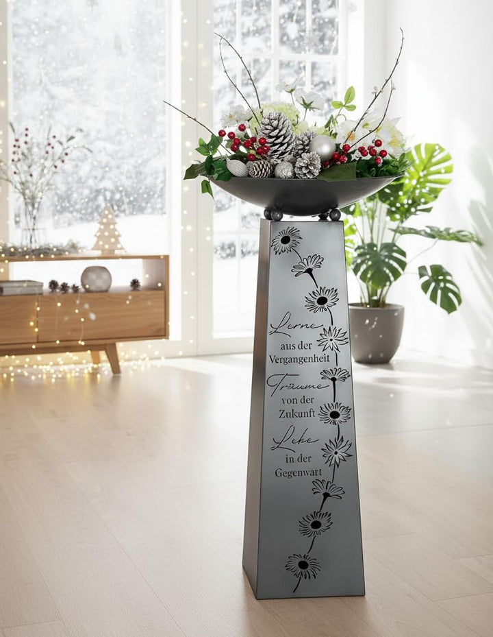 MF Dekorativer Metallständer mit Schale, Antik-Grau, 102 cm, Blumendesign mit Spruch 'Lerne Träume L
