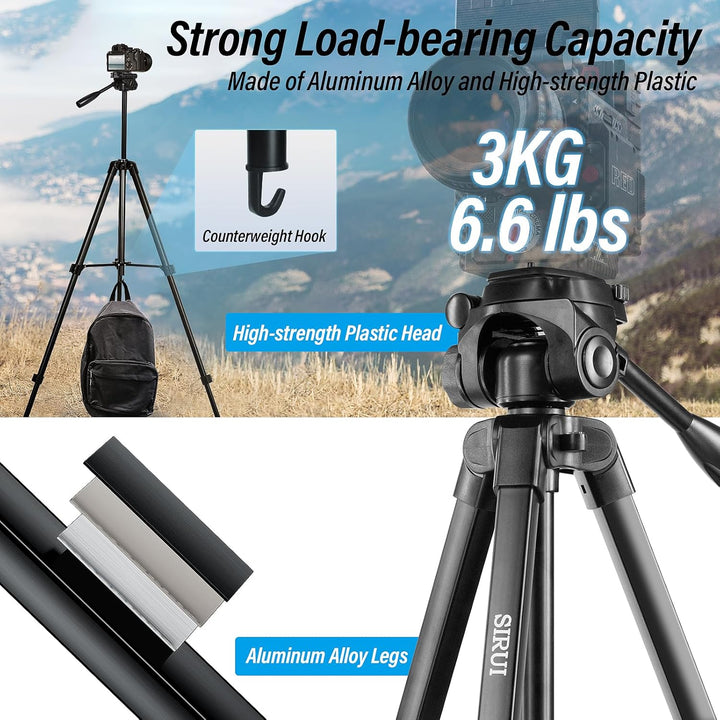 SIRUI Kamera Stativ 180cm, Aluminium Camera Tripod mit Telefonklemme Dreibein-Stative Fotostativ für