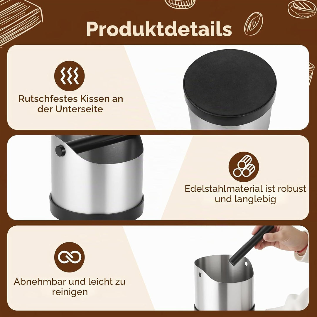 VINATO Edelstahl Abklopfbehälter 1,2L für Siebträger, Espresso Knock Box mit abnehmbarer Klopfstange