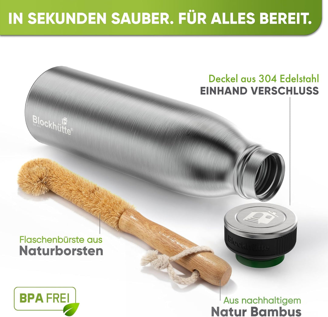 Blockhütte Wasserflasche Edelstahl 500ml I Isolierte Thermosflasche, Wasserflasche Kohlensäure geeig