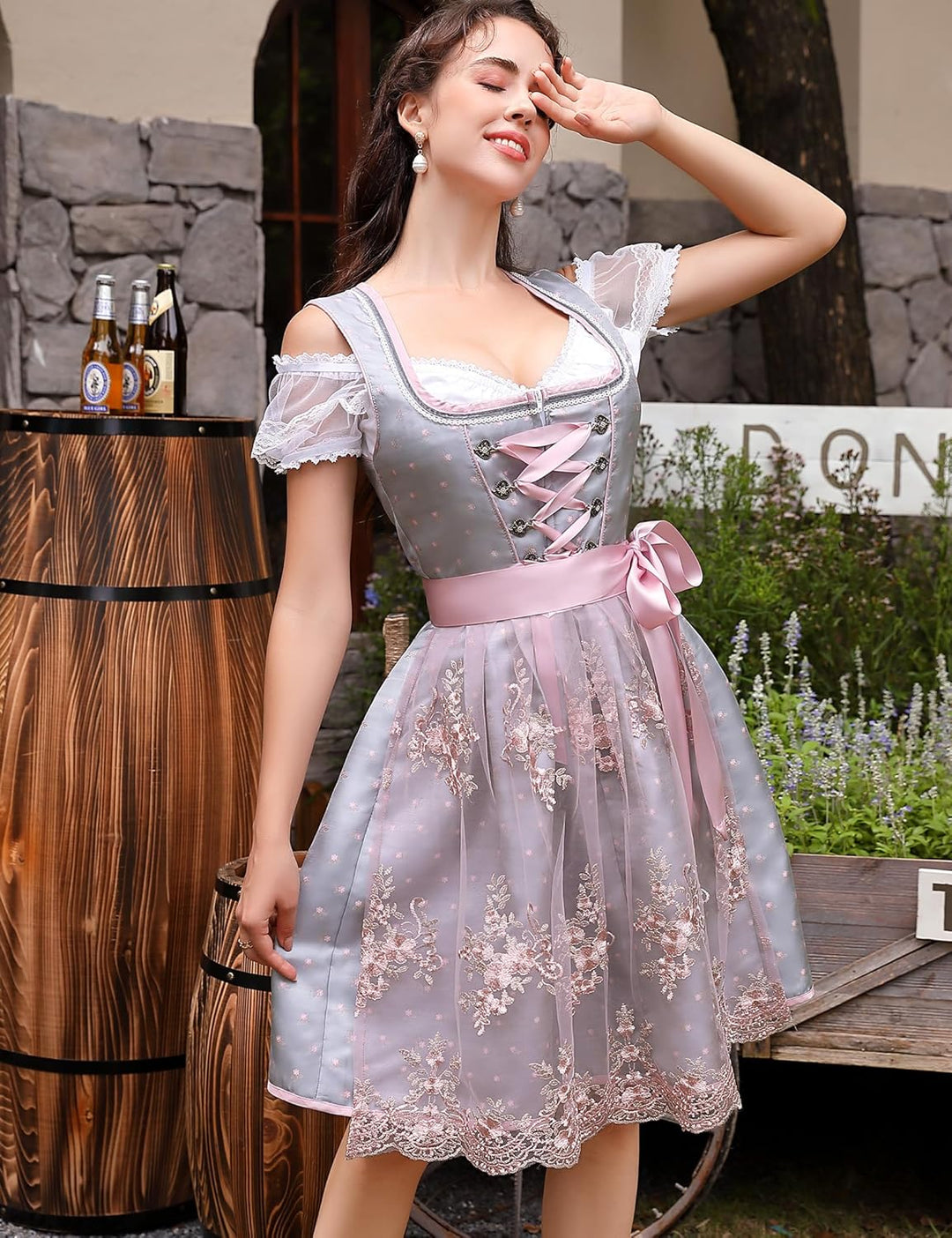 Clearlove Dirndl Damen Midi Trachtenkleid 3 Teilig inkl. Dirndl Kleid Dirndlschürze Dirndlbluse für