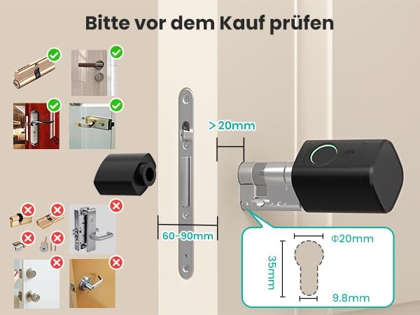 AVATTO Smart Türschloss mit Fingerabdruck und Passwort für 60-90mm Türen, SchliessZylinder Länge ist