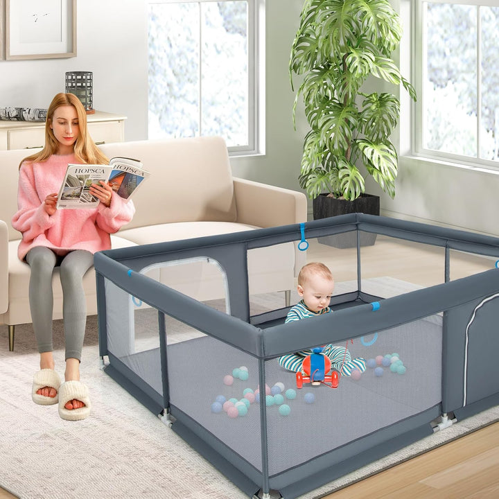 GOPLUS 200x180cm Baby Laufstall, Laufgitter mit Matratze, 4 Handringe & 50 Spielbällen, Krabbelgitte