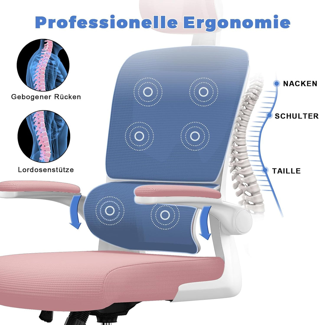 naspaluro Ergonomischer Bürostuhl: Schreibtischstuhl mit C-förmiger Lordosenstütze,Verstellbarer Kop