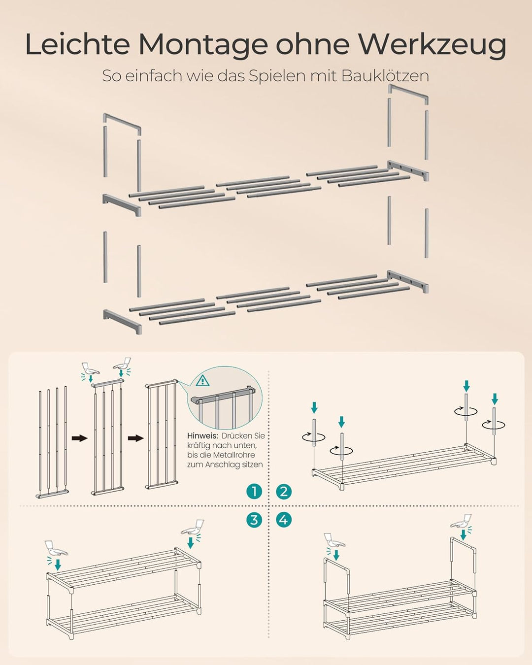 SONGMICS Schuhregal 2 Ebenen, Schuhständer Metall, Schuhaufbewahrung, Schuh-Organizer, aufrecht oder