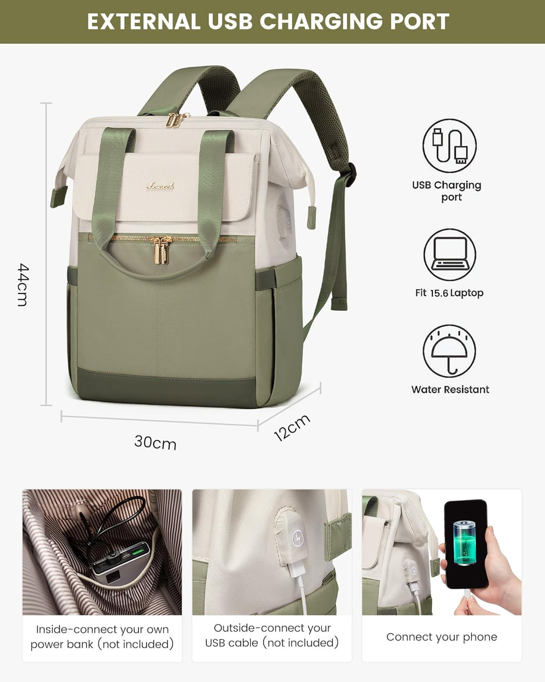 LOVEVOOK Rucksack Erbsengrün, Moderner Laptop Schulrucksack, Schultasche Teenager Backpack Women Ele