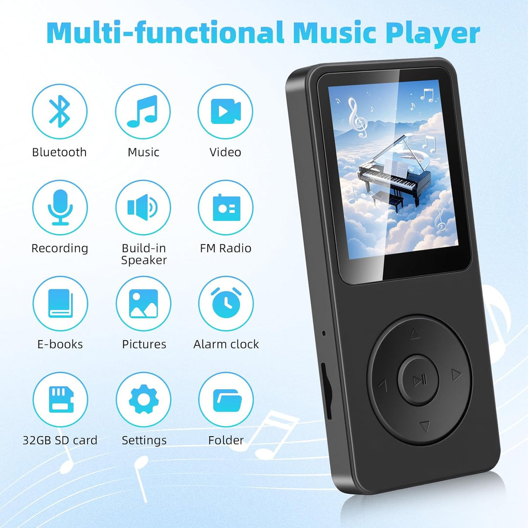 32GB MP3 Player mit Bluetooth 5.3-1.8" TFT-Farbbildschirm MP3-Player mit Kopfhörer Lautsprecher FM-R