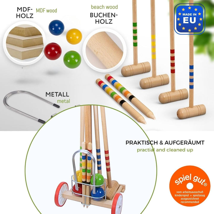 GICO Qualitäts Krocketwagen/Krocket/Croquet für 4 Spieler aus Holz im Transportwagen. Der Outdoor/Ga