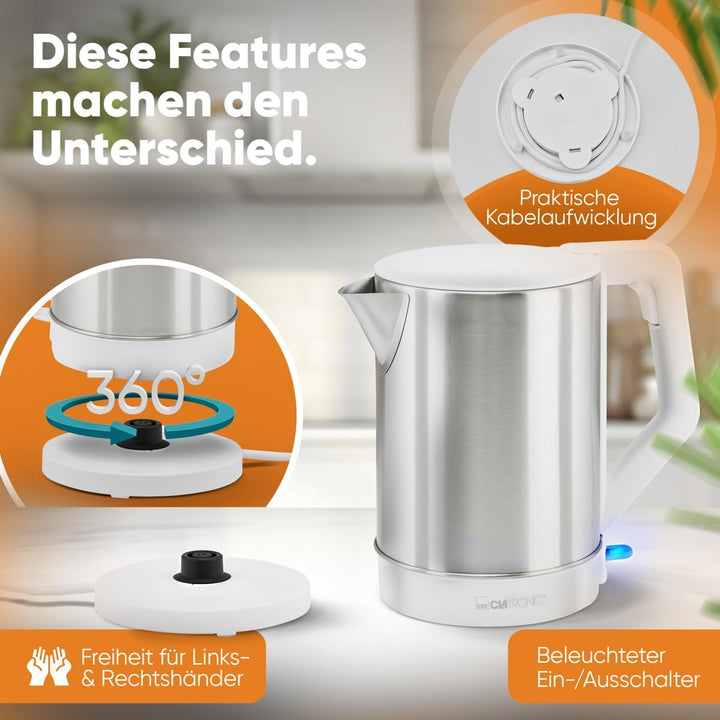 Clatronic® Wasserkocher | 1.5 Liter Füllmenge | Sicherheitsklappdeckel | 2200 W Leistung | verdeckte