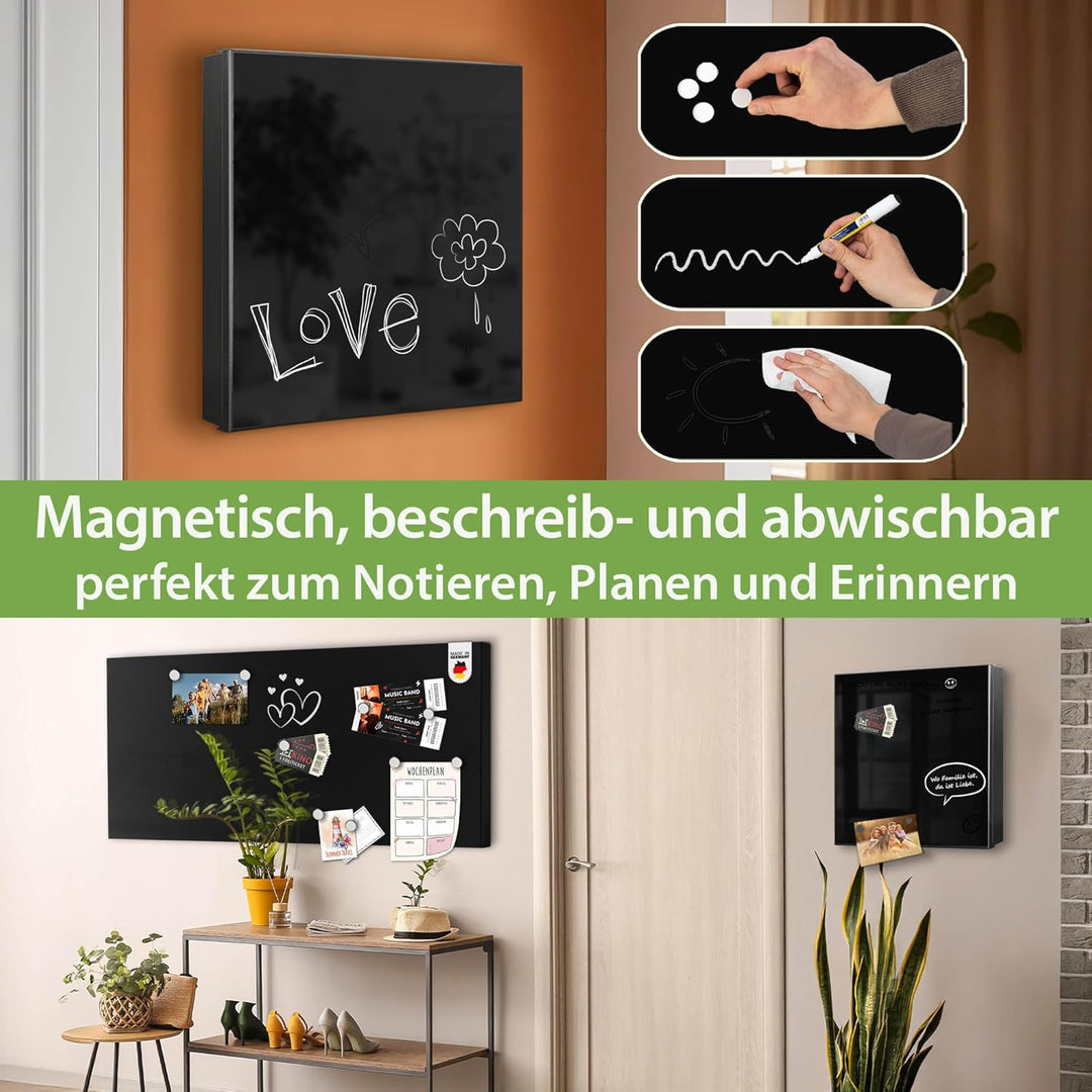 banjado® Grosser Schlüsselkasten Glas/Schlüsselbox 30cm x 30cm mit 50 Haken - Motiv Tiefschwarz/Schl