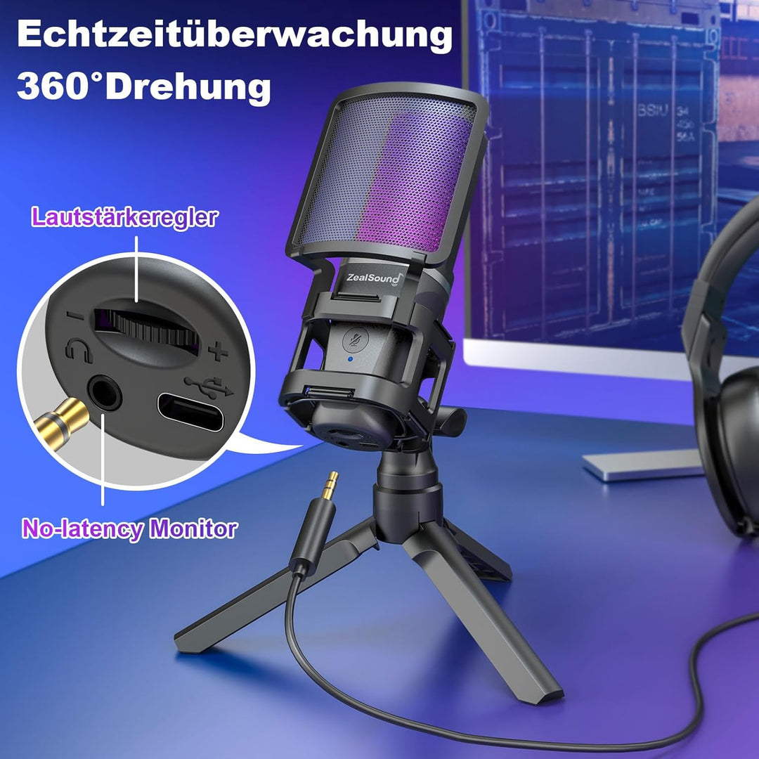 zealsound Gaming USB Mikrofon PC, für Streaming Podcast Studio, für PS4 PS5 Mac Handy, mit Typ-C Ada