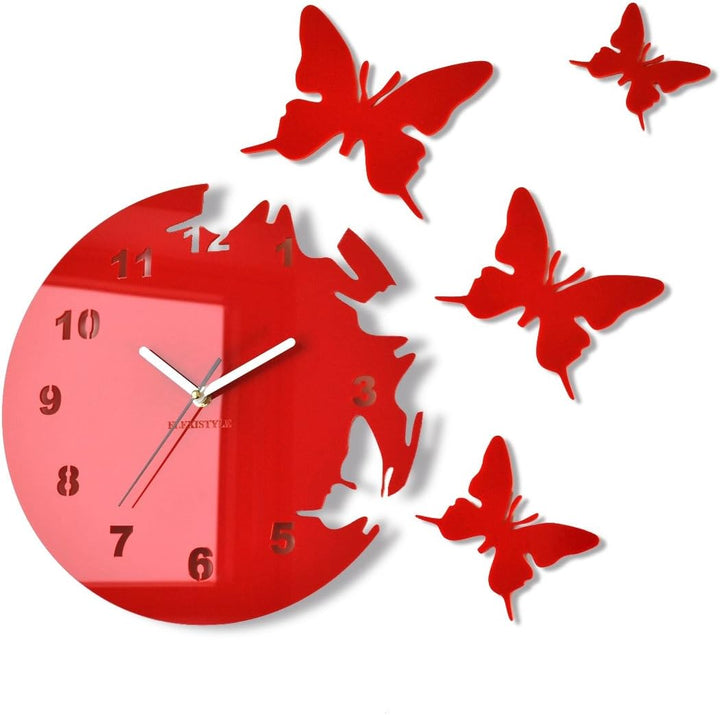 Grosse moderne Wanduhr Schmetterling Rot rund 30cm, 3d DIY, Wohnzimmer, Schlafzimmer, Kinderzimmer,