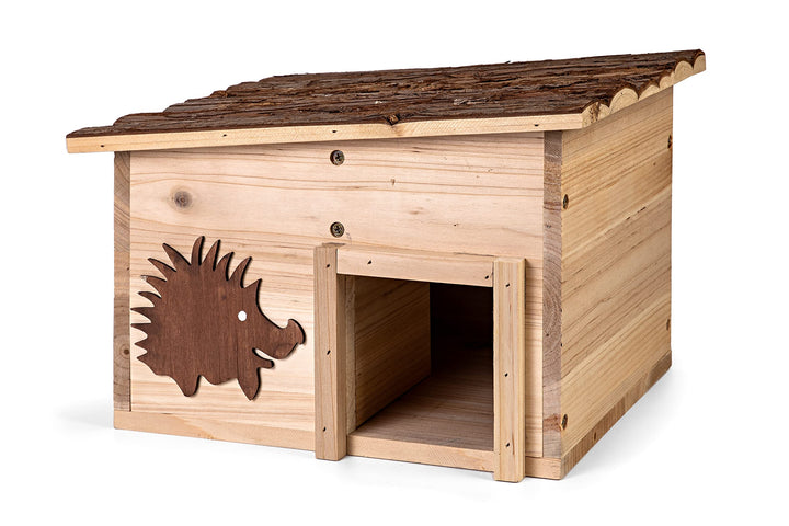 Igelhaus Bausatz mit Boden aus Holz Höhe 22 cm - Igelhotel mit Labyrintheingang – Igelfutter Haus Ig