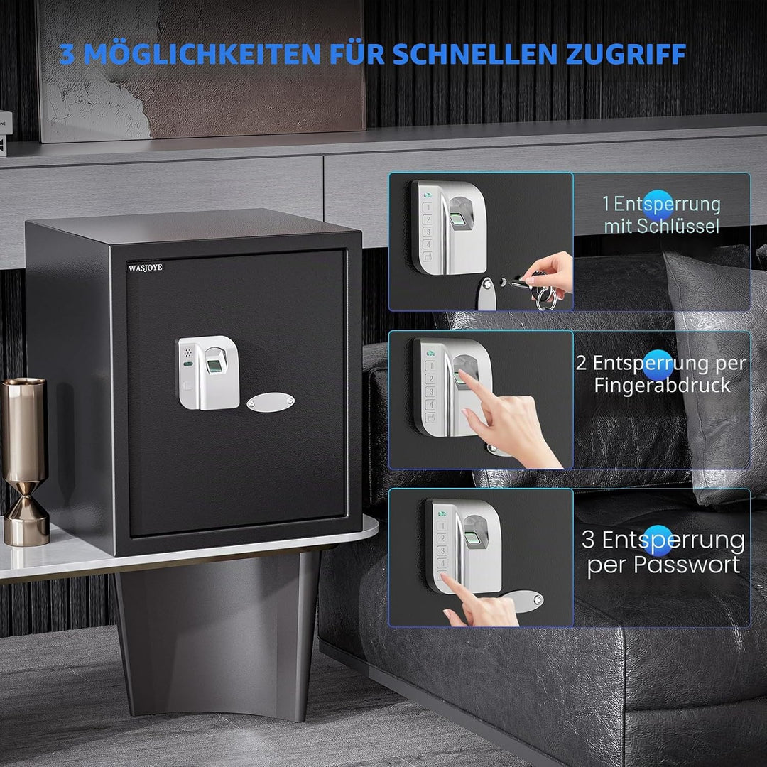 WASJOYE 38.08L Fingerabdruck Tresor Safe, Gross Tresor mit Zahlenschloss, Biometrischer Möbeltresore