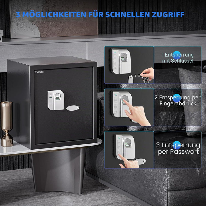 WASJOYE 38.08L Fingerabdruck Tresor Safe, Gross Tresor mit Zahlenschloss, Biometrischer Möbeltresore