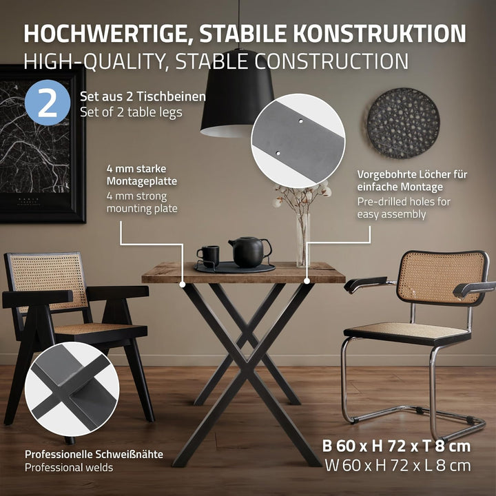 ECD Germany 2X Tischbeine X-Design X-Form, 60 x 72 cm, Anthrazit, pulverbeschichtete Stahl, Industri