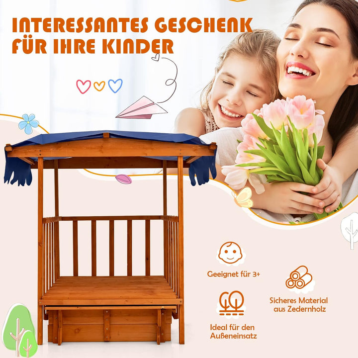 COSTWAY Sandkasten Holz, Spielveranda mit Sandbox, Abdeckung, Dach, Hinterräder, Geländer, rollbarer