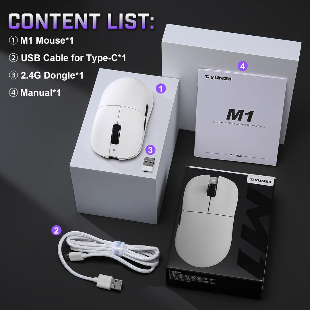 YUNZII M1 Kabellose Gaming-Maus, BT/2.4G Wireless/Wired Ultralight Mouse, PAW3311-Sensor 10000 DPI,