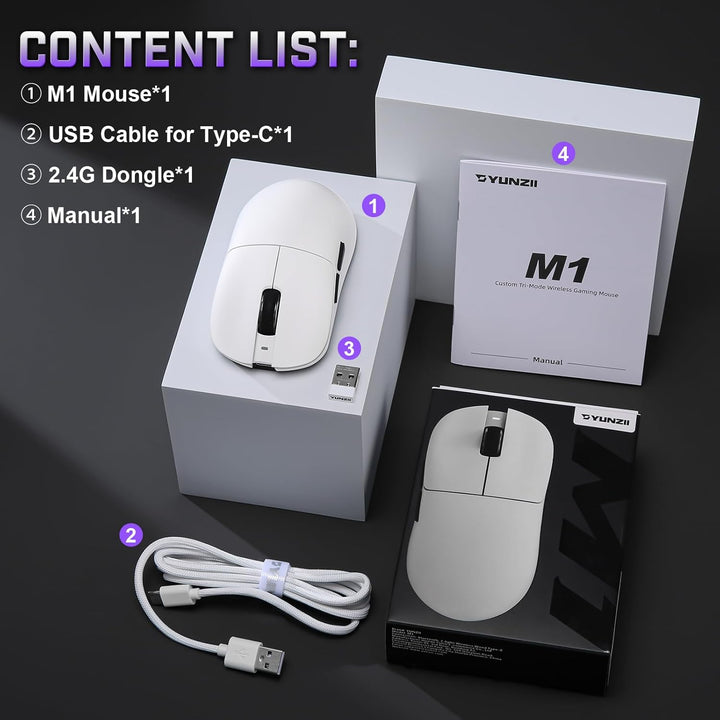 YUNZII M1 Kabellose Gaming-Maus, BT/2.4G Wireless/Wired Ultralight Mouse, PAW3311-Sensor 10000 DPI,