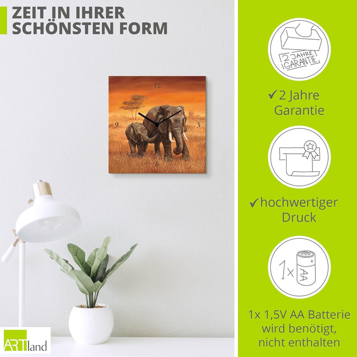 ARTLAND Wanduhr ohne Tickgeräusche Leinwand Quarzuhr 30x30 cm Quadratisch Lautlos Afrika Elefant Tie