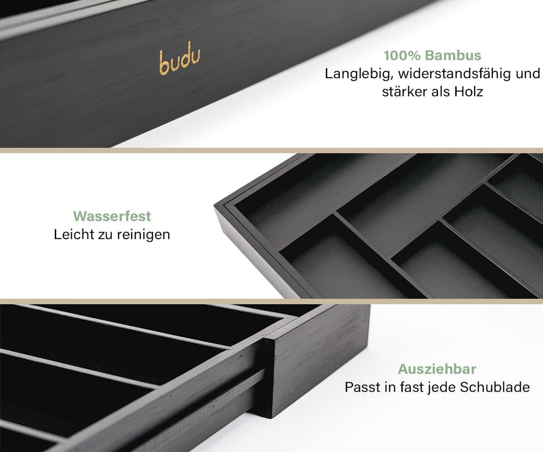 budu Besteckkasten #43 (Tiefe 43cm) aus Bambus - Schwarz - Schubladen Ordnungssystem für die Küche -