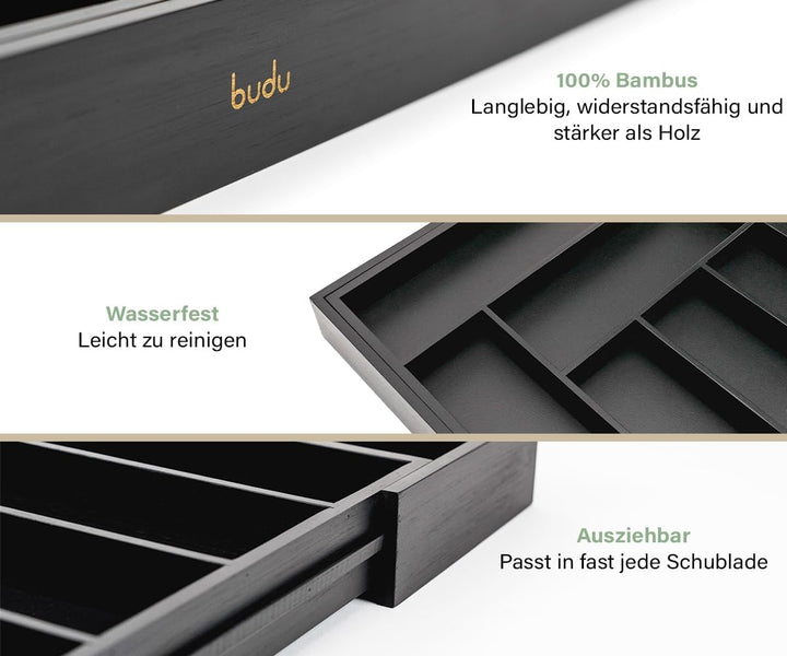 budu Besteckkasten #43 (Tiefe 43cm) aus Bambus - Schwarz - Schubladen Ordnungssystem für die Küche -