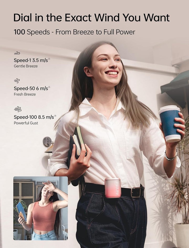 JISULIFE Tragbarer Nackenventilator, 100 Geschwindigkeiten, Mini-persönlicher tragbarer Taillenventi