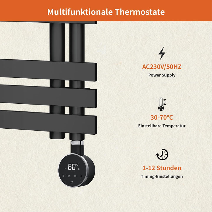 Heizstab 600W für Badheizkörper Elektrisch mit Thermostat, Vollbild Touch Bedienung, Einfach &amp; Effiz