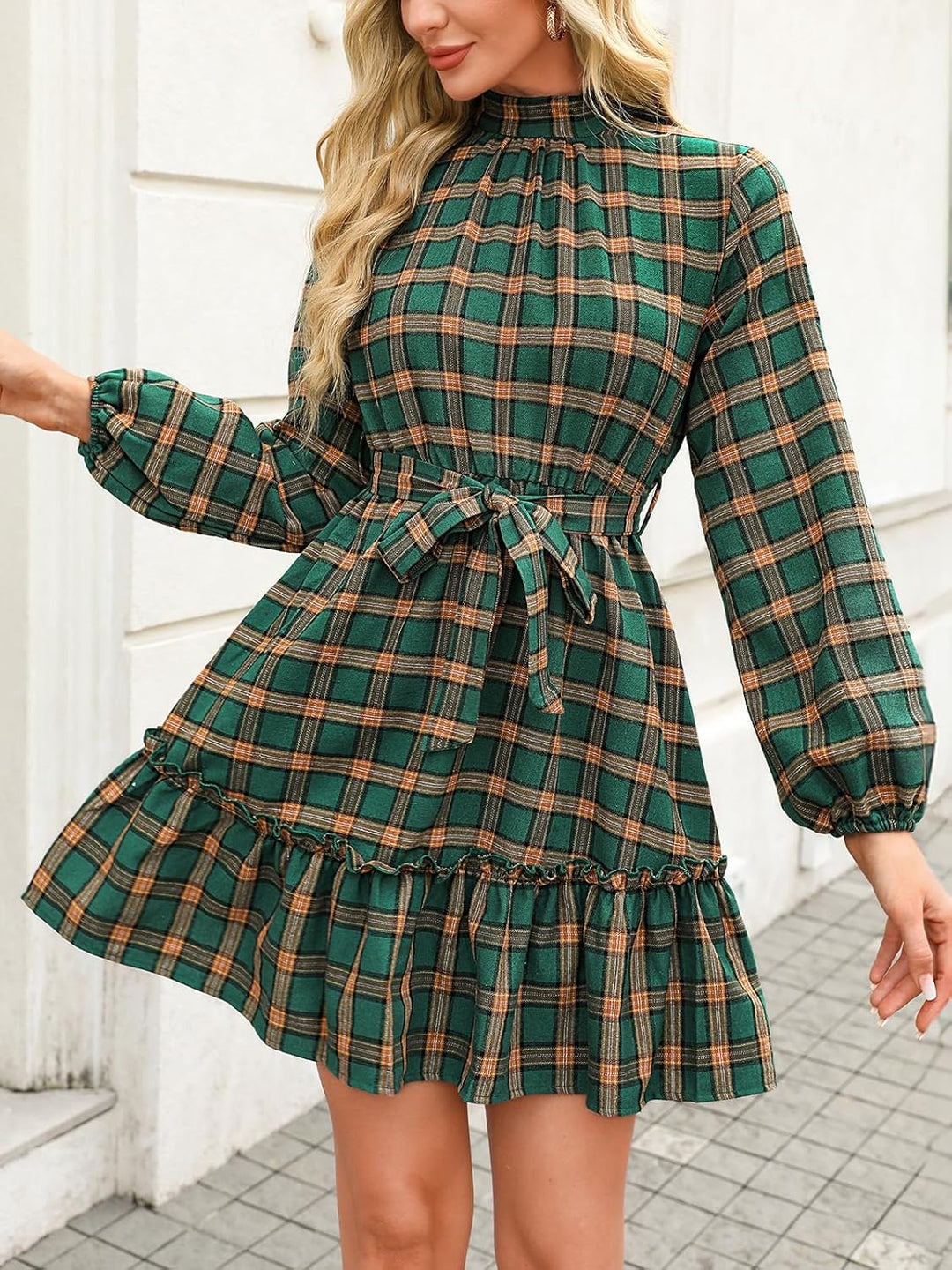 CUPSHE Damen Kleid High Neck Langarm Blumenmuster Kurzes Minikleid Freizeitkleider Party Tunika Dres