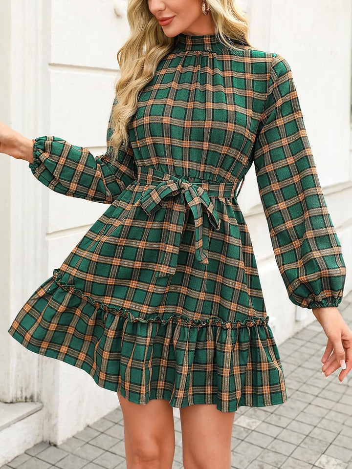 CUPSHE Damen Kleid High Neck Langarm Blumenmuster Kurzes Minikleid Freizeitkleider Party Tunika Dres