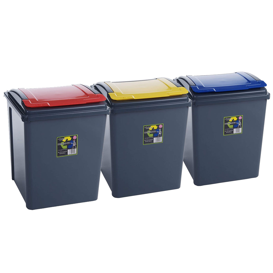3 Stück Mülleimer mit Deckel 50 Liter - GELB ROT BLAU - Recycling Mülltrennung Abfalleimer Abfallbeh