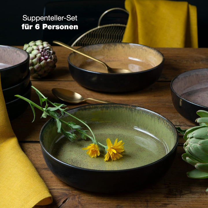 Moritz & Moritz VIDA 6er Suppen Teller Set Gelb-Grün-Rosa - Suppenteller für 6 Personen - Porzellan