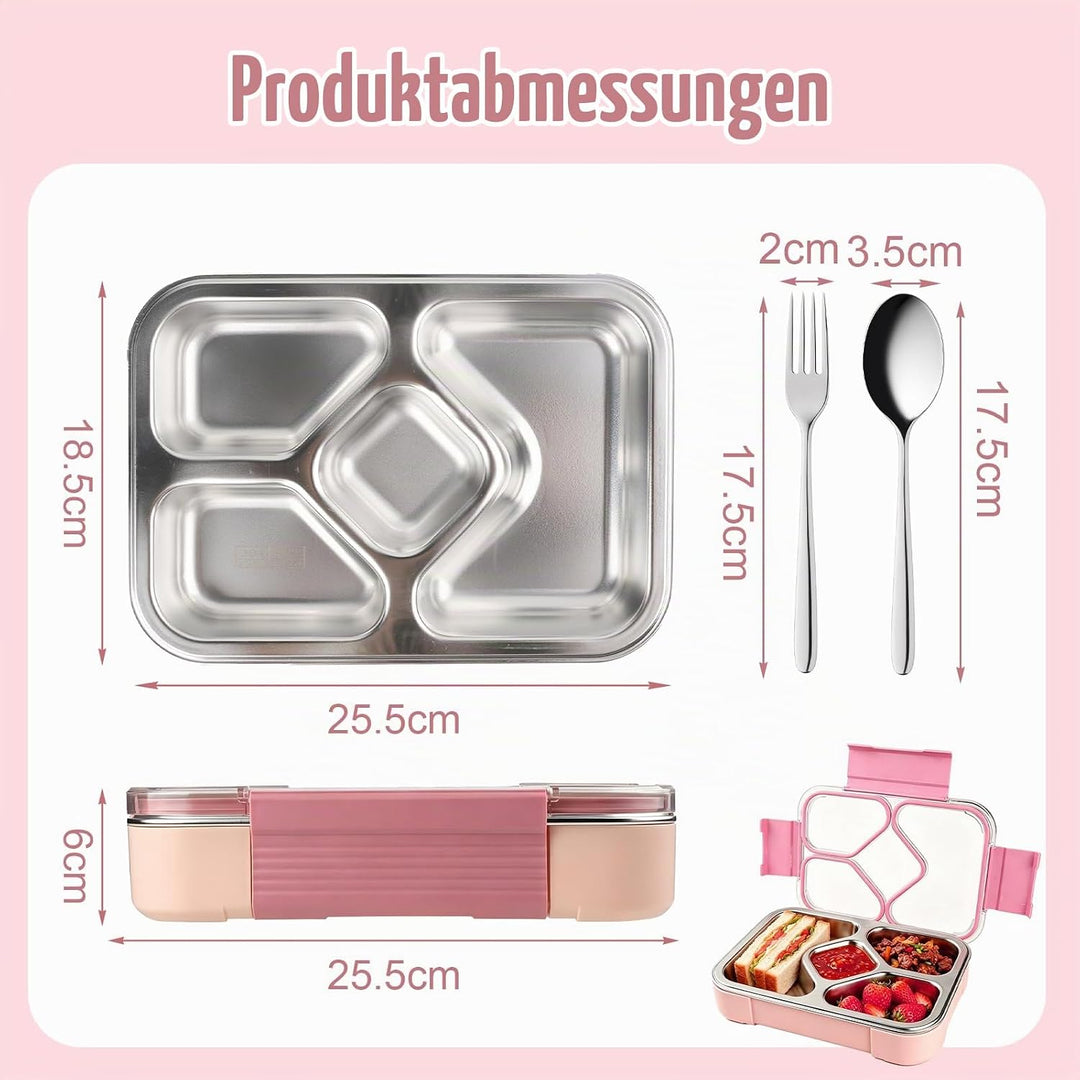 Edelstahl Brotdose Kinder,1020ml Metall Bento Lunchbox mit 4 Fächern Auslaufsichere Brotbox Kinderga