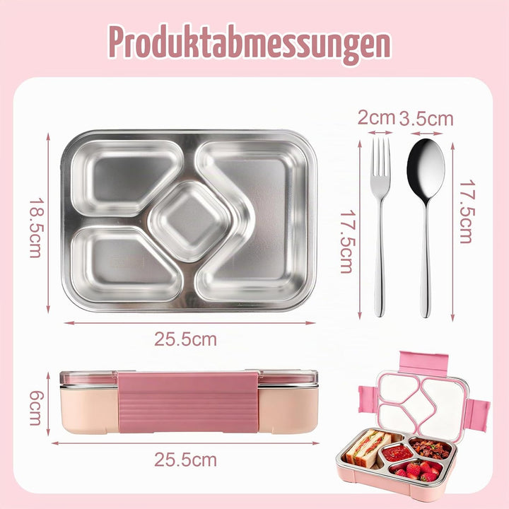 Edelstahl Brotdose Kinder,1020ml Metall Bento Lunchbox mit 4 Fächern Auslaufsichere Brotbox Kinderga