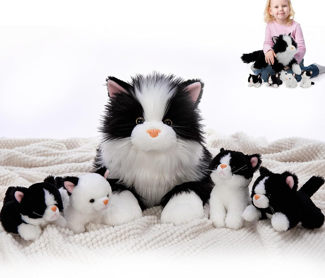 MorisMos 5 stücke Schwarz Katze Kuscheltier XXL Set, 50cm lang riesen Katze Kuscheltier mit Babys im