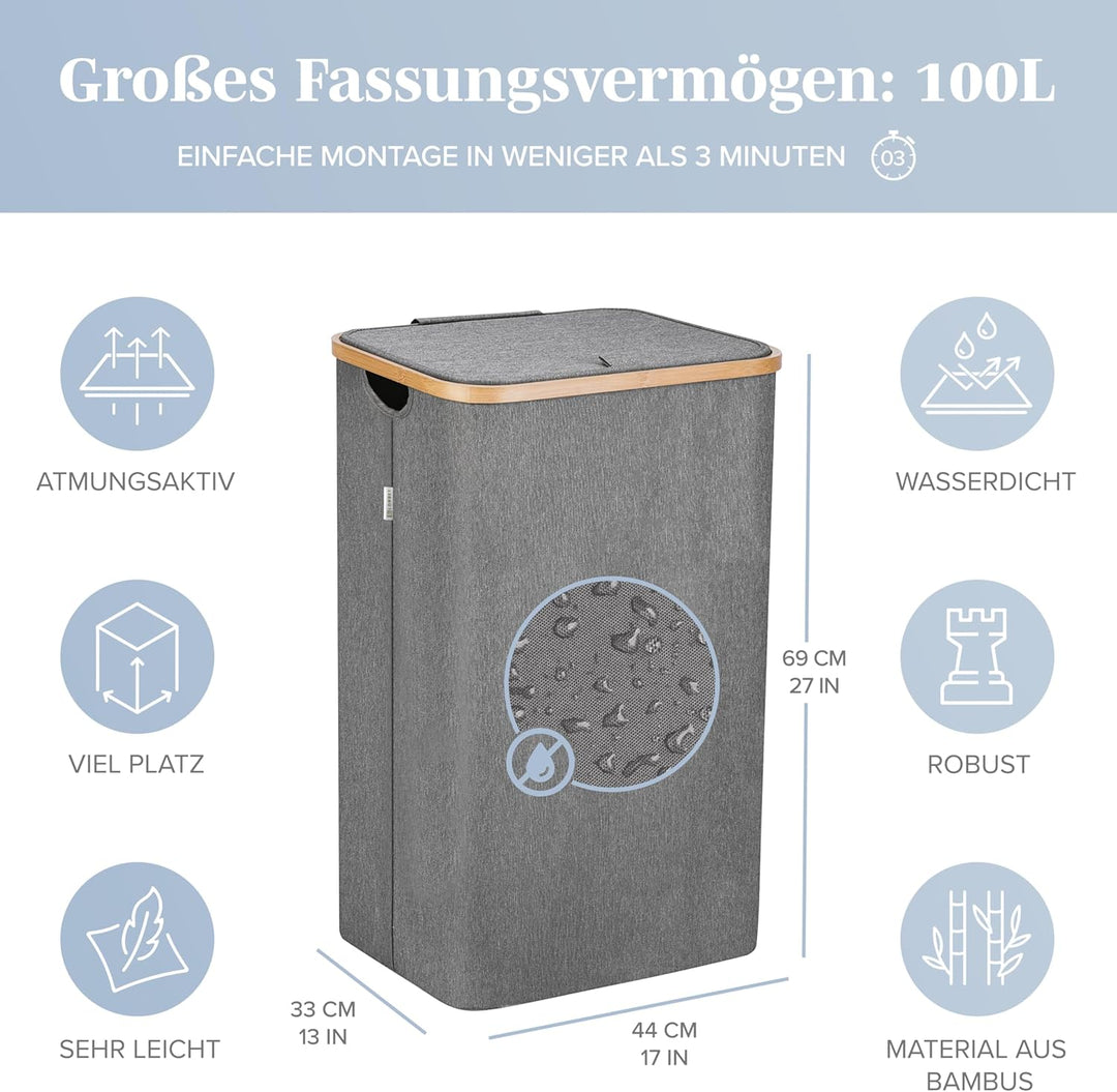 Lonbet - Wäschekorb mit Deckel Gross - XL 100 Liter - Wäschekorb Holz Bambus - Wäschesammler Grau mi